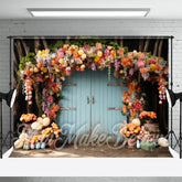 Aperturee - Floral Eggs Sticks Blue Wood Door Photo Backdrop